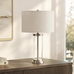 LLT Empire White Table Lamp with silver nickel and glass cylinder base and off-white drum shade