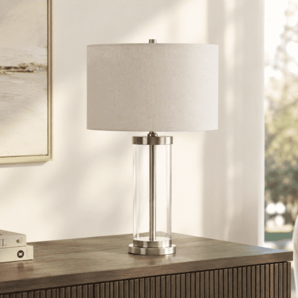 LLT Empire White Table Lamp with silver nickel and glass cylinder base and off-white drum shade