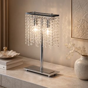 LLT Crystie Deluxe Table Lamp with polished chrome base and cascading crystal chandelier drops