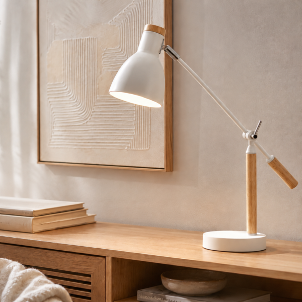 LLT Jax Table Lamp with adjustable white coated metal arm and warm timber detailing on circular base