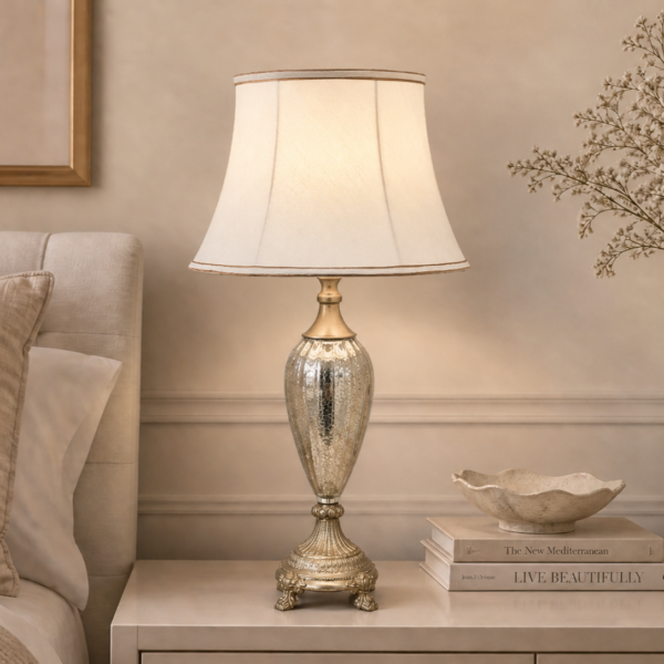 LLT Idina table lamp with textured mercury glass base, gold metal accents and off white silk tapered shade