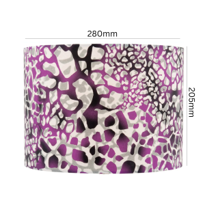 Purple Abstract Print Drum Lamp Shade styled on a bedside lamp with neutral bedroom decor