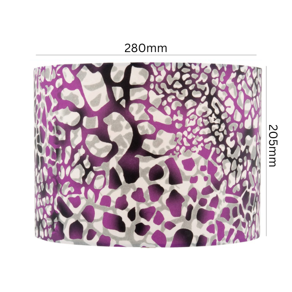 Purple Abstract Print Drum Lamp Shade styled on a bedside lamp with neutral bedroom decor