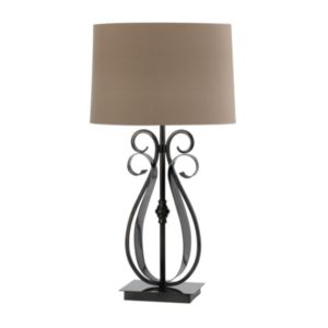 LLT Bacall Table Lamp with black chrome base and taupe oval shade