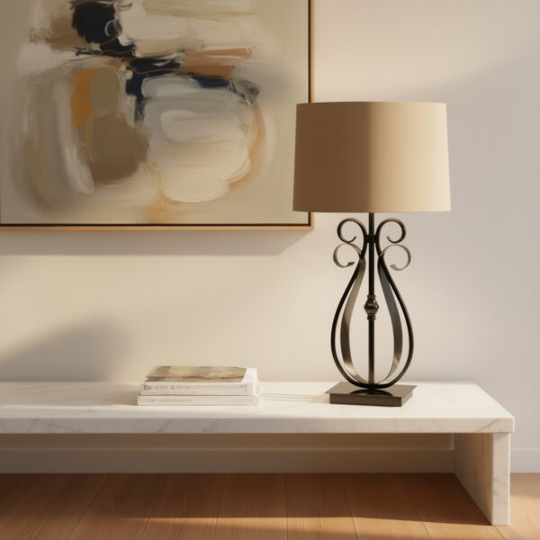 LLT Bacall Table Lamp with black chrome base and taupe oval shade