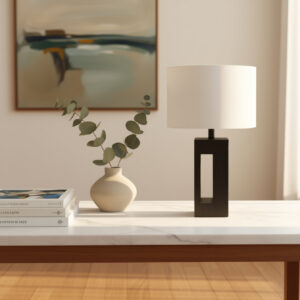LLT Mackie Table Lamp with timber-effect base and white linen shade