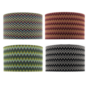 XLLS Chevron Fabric Lamp Shade showing all four colourways including multicolour, rust, green teal and monochrome on white background