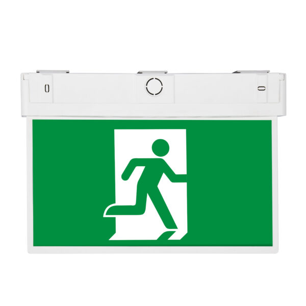 Surface mounted slimline LED exit light with running man sign and 24m viewing distance