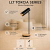 LLT Torcia Black wireless charging lamp with adjustable head, USB port and faux timber base