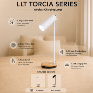 LLT Torcia White lamp featuring adjustable head, touch switch, USB charging and wireless charging
