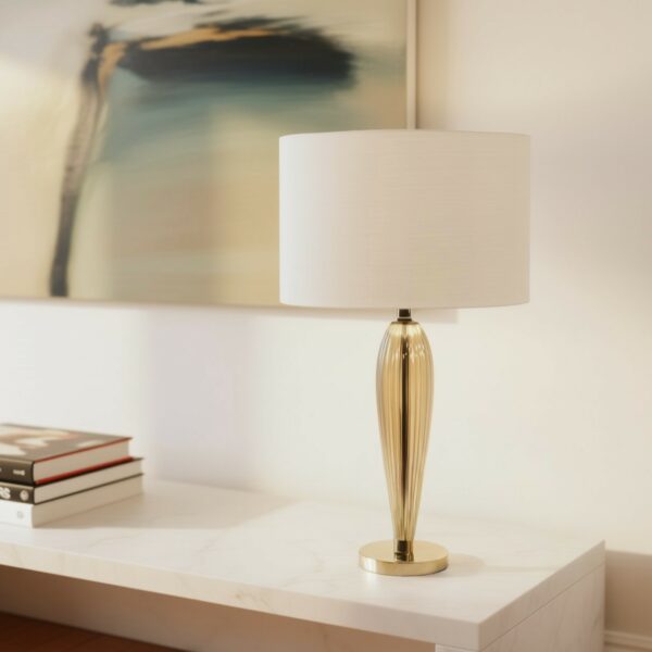 LLT Demi White Table Lamp with smoke glass base and white drum shade
