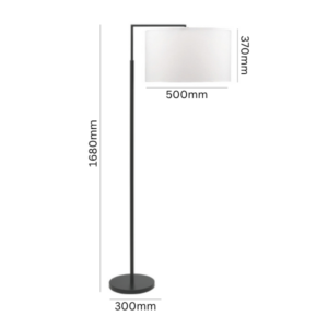LLF Black Kardinia White floor lamp featuring angular black metal arm and crisp white drum shade