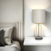 Modern vanilla table lamp with textured drum shade and timber finish