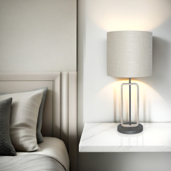 Modern vanilla table lamp with textured drum shade and timber finish
