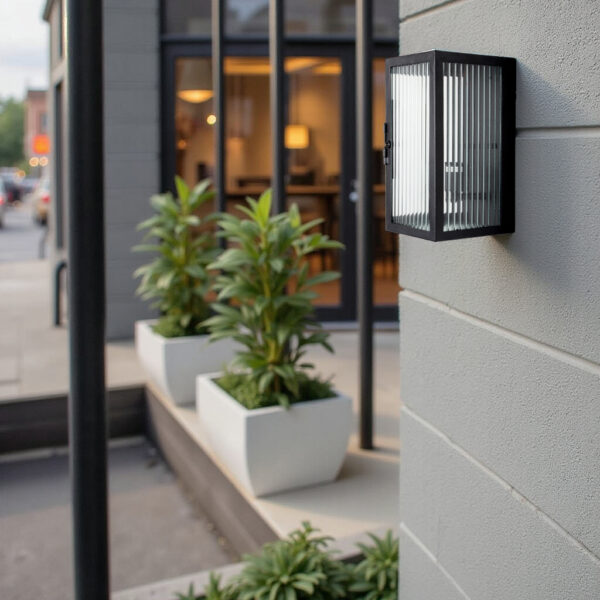 Outdoor wall lantern with black metal frame and hinged door for easy bulb replacement