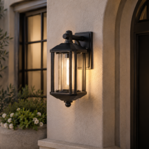Classic black outdoor wall light with clear glass panels styled on rendered porch wall in contemporary exterior setting