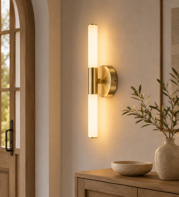 LLP Luna 400 pendant light illuminated showing warm bulb glow and light reflecting off aluminium wire and pearl bead globe