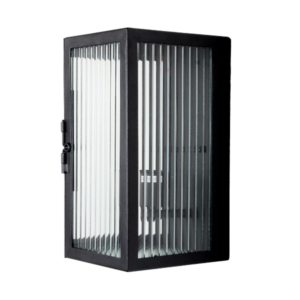 Modern black exterior wall light with ribbed glass panels and box lantern design