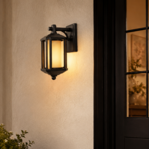 Vintage black Victorian outdoor wall light styled at home entrance on rendered wall in classic outdoor setting