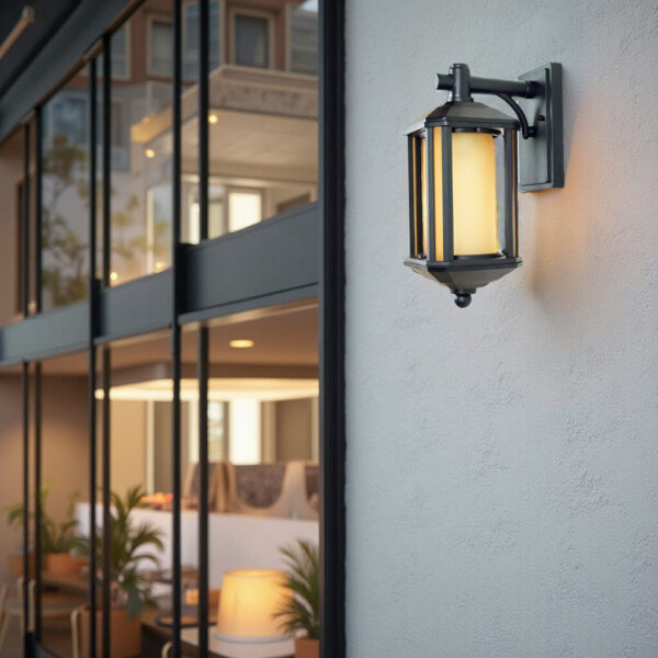 Outdoor lantern wall light in sandy black finish with warm amber glass shade