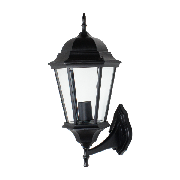 Vintage black exterior wall light with Victorian lantern design and clear glass panels on white background
