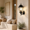 Vintage black Victorian outdoor wall light styled at home entrance on rendered wall in classic outdoor setting
