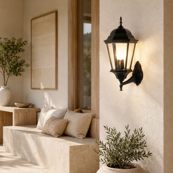 Vintage black Victorian outdoor wall light styled at home entrance on rendered wall in classic outdoor setting