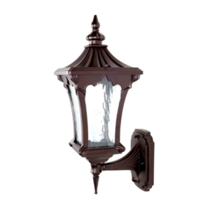 Vintage brass exterior wall light with antique lantern design and clear textured glass IP44