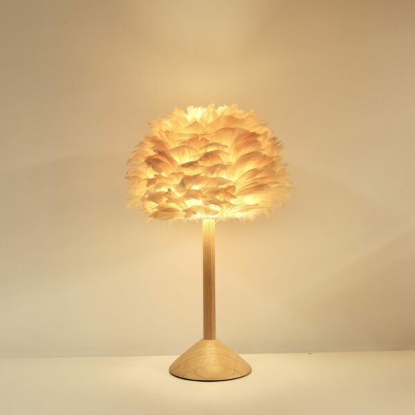 Soft natural feather shade lamp with timber stand