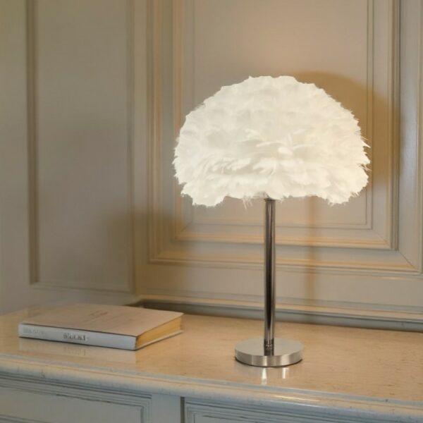 LLT Flynn White Feather Table Lamp with black chrome base