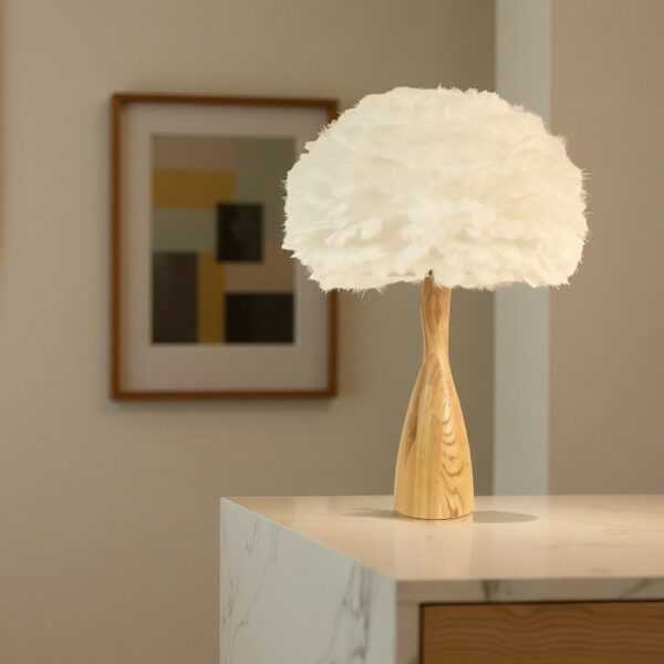 LLT Schroder White Feather Table Lamp with faux timber base