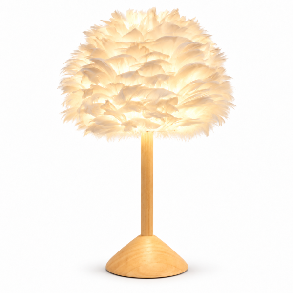 white feather timber table lamp