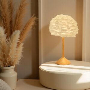 LLT Tex White Feather Table Lamp with timber base