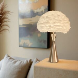 LLT Tower Crystal White Feather Table Lamp with brushed nickel base