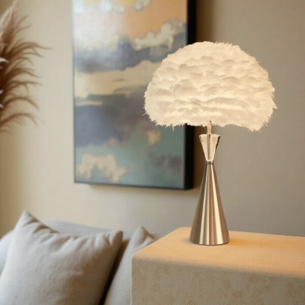 LLT Tower Crystal White Feather Table Lamp with brushed nickel base