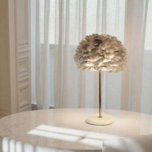LLT Mac Rose Gold Feather Table Lamp with marble base and grey feather shade