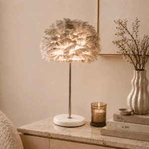 LLT Mac Rose Gold Feather Table Lamp with marble base and grey feather shade