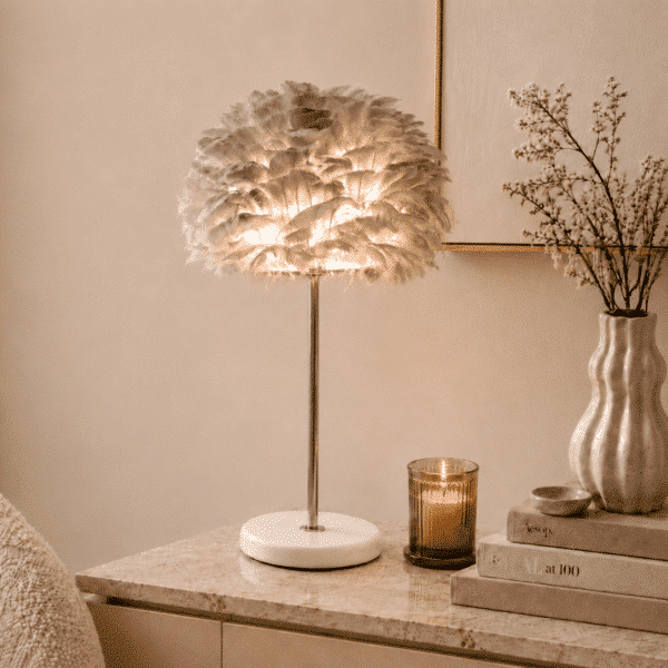 LLT Mac Rose Gold Feather Table Lamp with marble base and grey feather shade