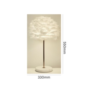 White feather lamp with marble base and rose gold finish