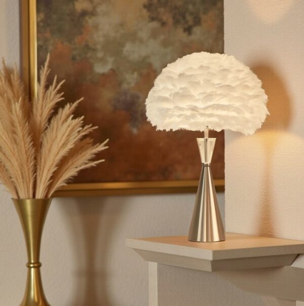 Elegant white feather lamp with crystal and nickel stand