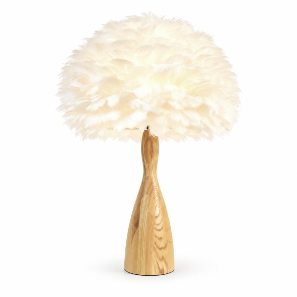timber base white feather shade bedside table lamp