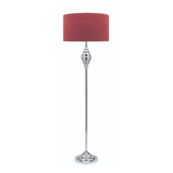 LLF Fibre Chrome Red Floor Lamp with polished chrome sculptural base and bold red textured drum shade