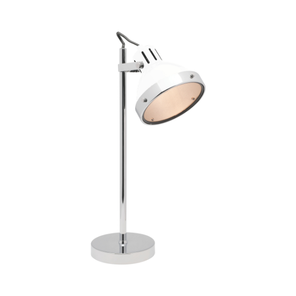 LLT Caddy White Table Lamp with chrome base and adjustable spotlight head