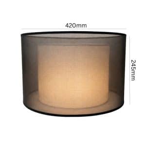 Civic black organza double layer drum lamp shade 42cm showing sheer black outer and white linen inner against white background