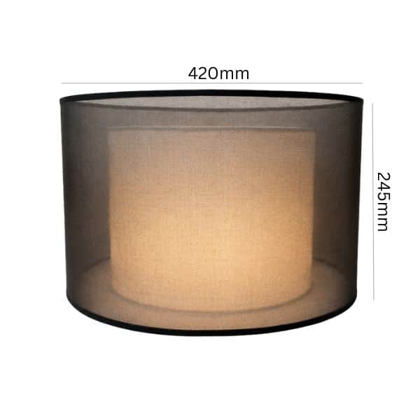 Civic black organza double layer drum lamp shade 42cm showing sheer black outer and white linen inner against white background