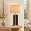 LLT George Table Lamp with nickel and dark timber grain base and natural linen oval shade