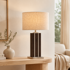 LLT George Table Lamp with nickel and dark timber grain base and natural linen oval shade