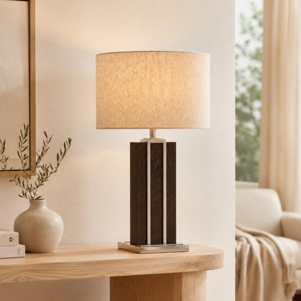 LLT George Table Lamp with nickel and dark timber grain base and natural linen oval shade