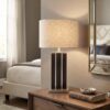 LLT George Table Lamp with nickel and dark timber grain base and natural linen oval shade