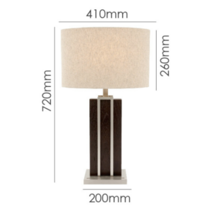 LLT George table lamp featuring architectural timber columns with nickel accents and linen oval shade